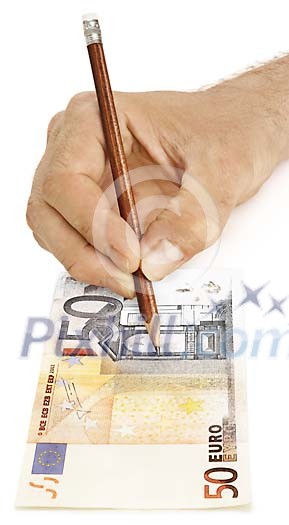 Male hand drawing 50 euro bill