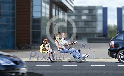 Family driving on the street in an invisible car