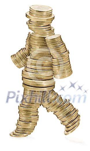 Isolated walking man made of coins