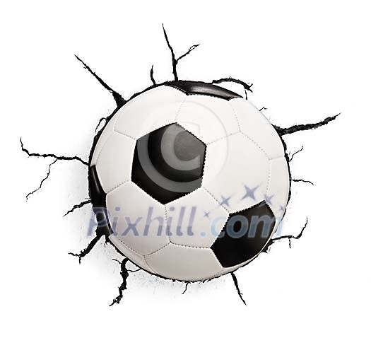 Football smashed inside a cracking wall