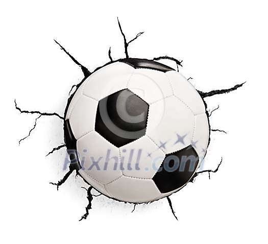 Football smashed inside a cracking wall Football smashed inside a cracking wall