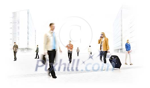 People on their way to work in conceptual city
