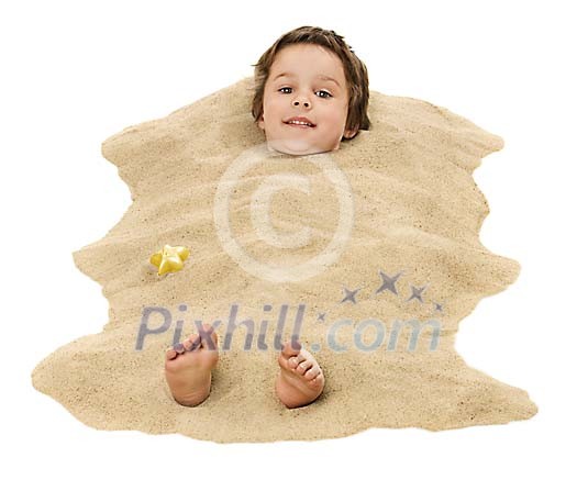 Boy buried in sand on white