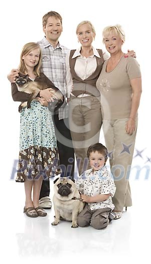 Grandma, mother, father, daughter, son, cat and dog on white