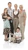 Grandma, mother, father, daughter, son, cat and dog on white