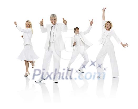 White business team cheering and dancing in white space