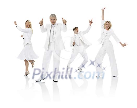 White business team cheering and dancing in white space White business team cheering and dancing in white space