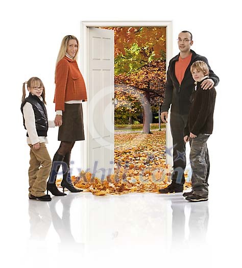 Family in white space by open door to the autumn nature