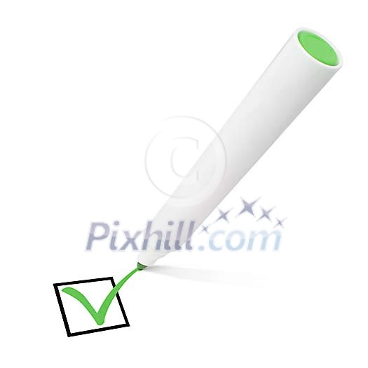 Green acceptance mark on white drawn with flying marker pen