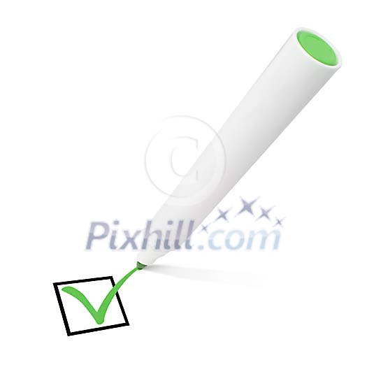 Green acceptance mark on white drawn with flying marker pen Green acceptance mark on white drawn with flying marker pen