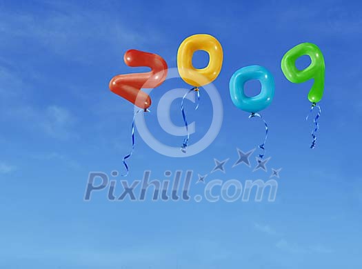 Balloons flying in the air forming year 2009 Balloons flying in the air forming year 2009