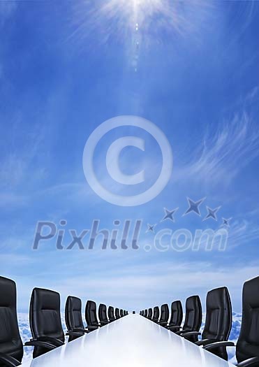 White boardroom table in the sky leading to the eternity White boardroom table in the sky leading to the eternity