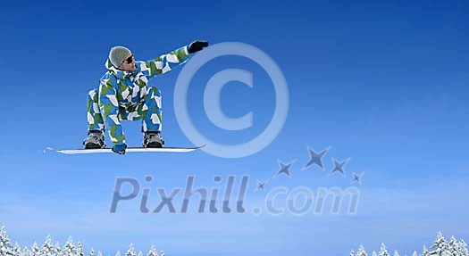 Conceptual image of flying snowboarder
