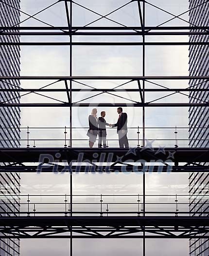Business men greeting in a modern spacious office building