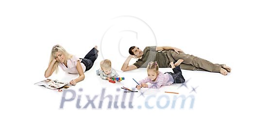Family members lying on the floor in white space