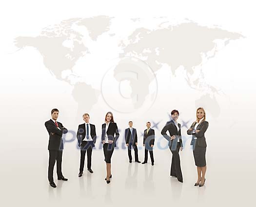 Dynamic business team in front of stylish global map Dynamic business team in front of stylish global map