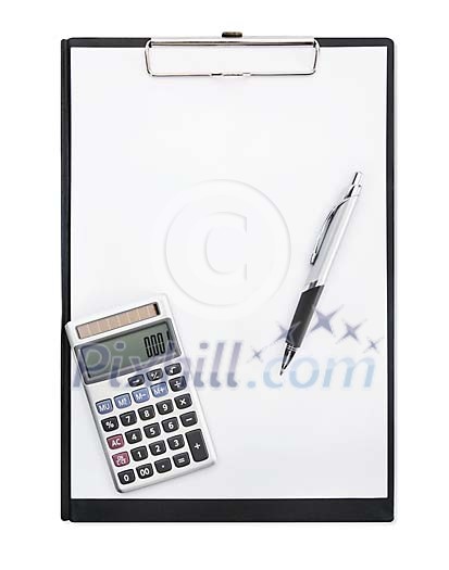 Pen, calculator and empty white paper on a black notepad