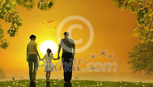 Family walking towards sunset in a fairy tale world