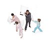 Father, mother, daughter and son playing pillow fight in white space