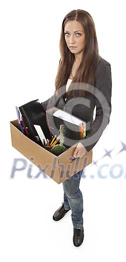 Sacked employee carrying a box with office supplies Sacked employee carrying a box with office supplies