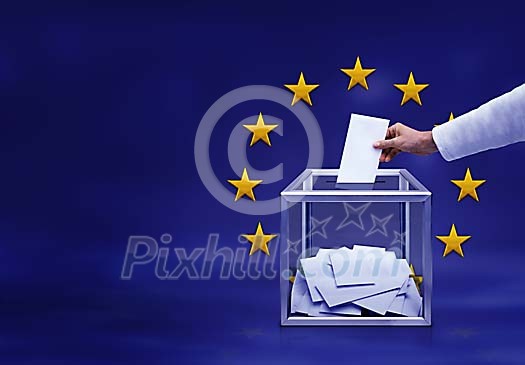 Voting box and hand in front of the European Union stars background Voting box and hand in front of the European Union stars background