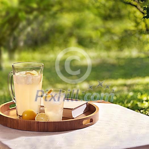 Refreshing lemonade and book on tray in a green garden