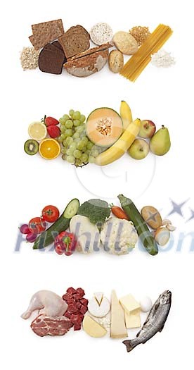 Selection of breads, fruits, vegetables and meat with clipping path