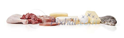 Selection of meat, cheese and fish with clipping path