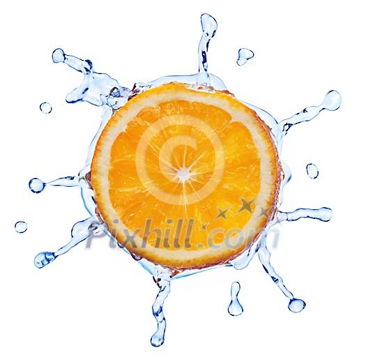 Fresh orange and water form a sun on white