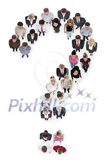 Group of standing people form a question mark symbol Group of standing people form a question mark symbol