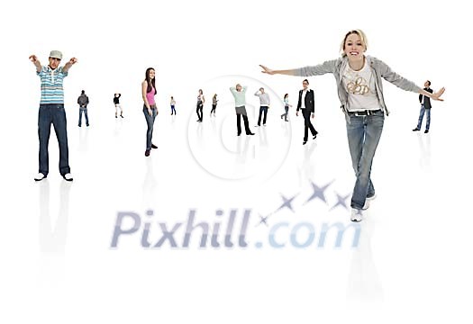 Big group of teenagers posing in large white space