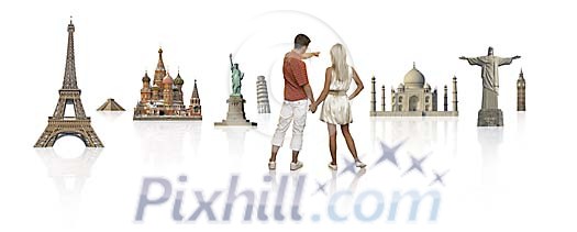Couple standing in front of worlds wonders and sights in white space
