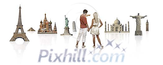 Couple standing in front of worlds wonders and sights in white space Couple standing in front of worlds wonders and sights in white space