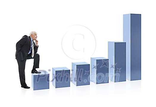 Businessman thinking by a 3d graph