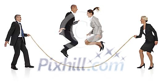 Businesspeople jumping on the rope