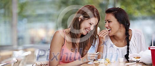 Two girls enjoying fast food Two girls enjoying fast food