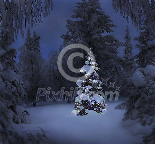 Decorated christmas tree in the forest