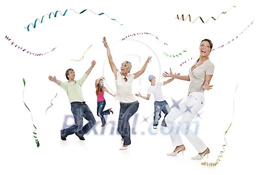 Group of happy people dancing in white space