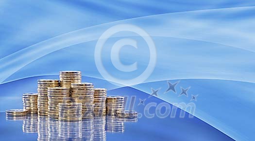 Piles of euro coins on an abstract  blue background
