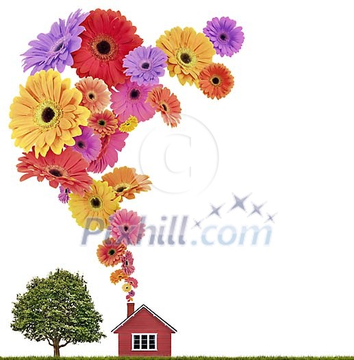 Energy conceptual with house, nature and flowers