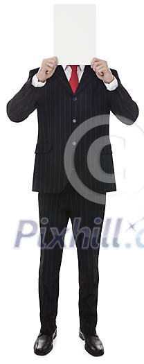 Businessman holding an empty paper in front of his face