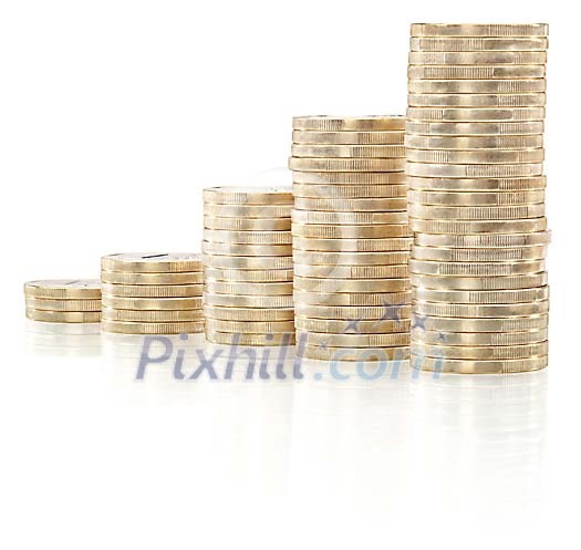 Coins in ascending piles with clipping path