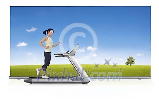 Woman running on treadmill in front of a huge scenery poster