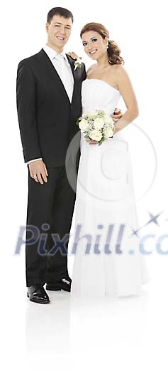 Wedding couple standing on a white background