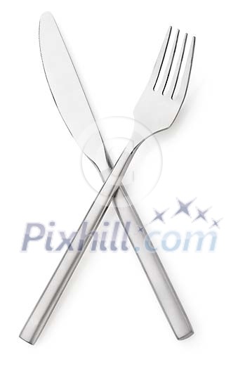 Fork and knife crossed on a white background