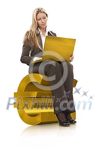 Businesswoman sitting on golden 3D euro sign