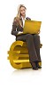 Businesswoman sitting on golden 3D euro sign