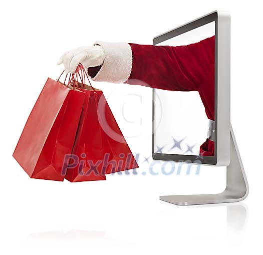 Clipped screen with santas hand coming out holding gift bags