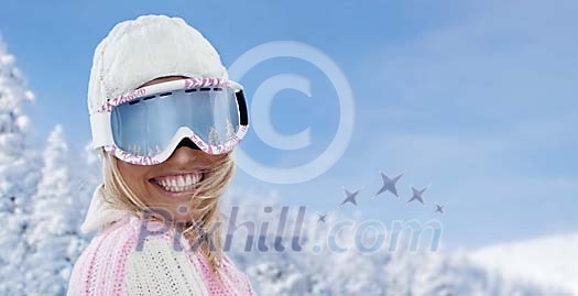 Woman with skiing goggles smiling Woman with skiing goggles smiling