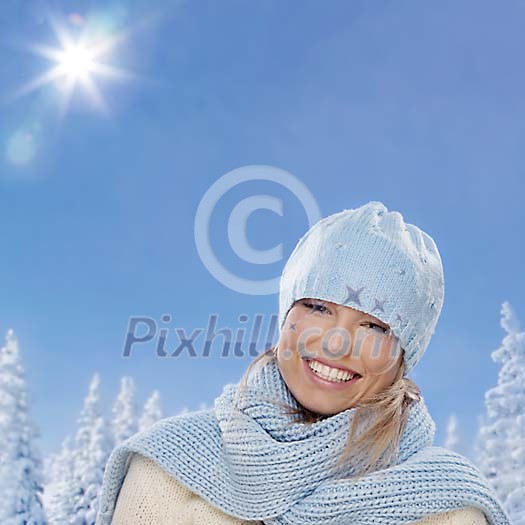 Woman smiling on a cold winter day Woman smiling on a cold winter day